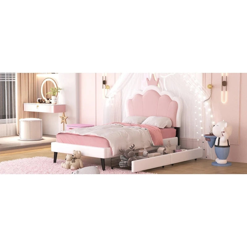 Lit plateforme rembourré en PU rose/blanc avec tête de lit capitonnée et 2 tiroirs de rangement – Lit simple / Lit double – 1 personne