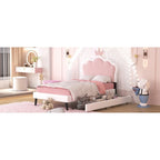 Lit plateforme rembourré en PU rose/blanc avec tête de lit capitonnée et 2 tiroirs de rangement – Lit simple / Lit double – 1 personne