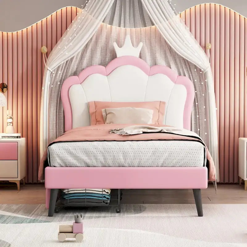 Lit plateforme rembourré en PU rose/blanc avec tête de lit capitonnée et 2 tiroirs de rangement – Lit simple / Lit double – 1 personne