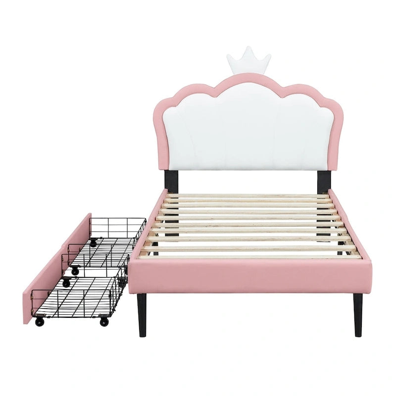 Lit plateforme rembourré en PU rose/blanc avec tête de lit capitonnée et 2 tiroirs de rangement – Lit simple / Lit double – 1 personne