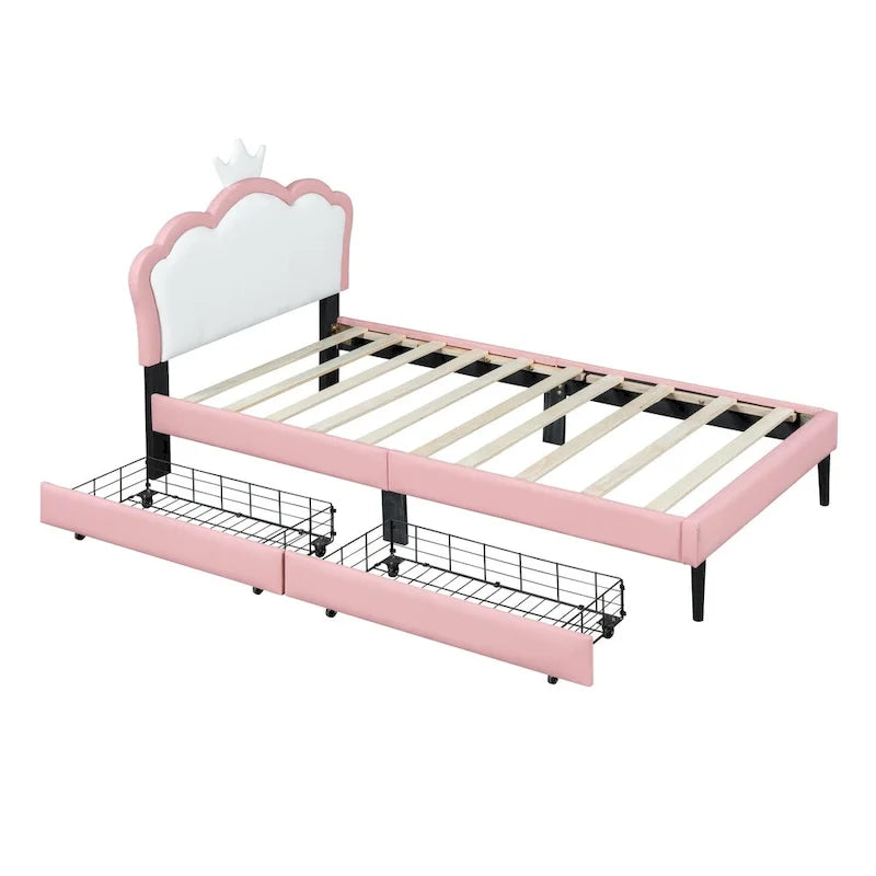 Lit plateforme rembourré en PU rose/blanc avec tête de lit capitonnée et 2 tiroirs de rangement – Lit simple / Lit double – 1 personne