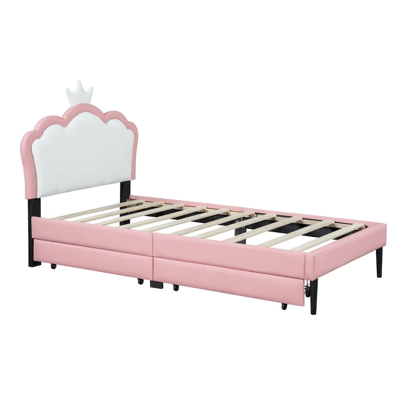 Lit plateforme rembourré en PU rose/blanc avec tête de lit capitonnée et 2 tiroirs de rangement – Lit simple / Lit double – 1 personne