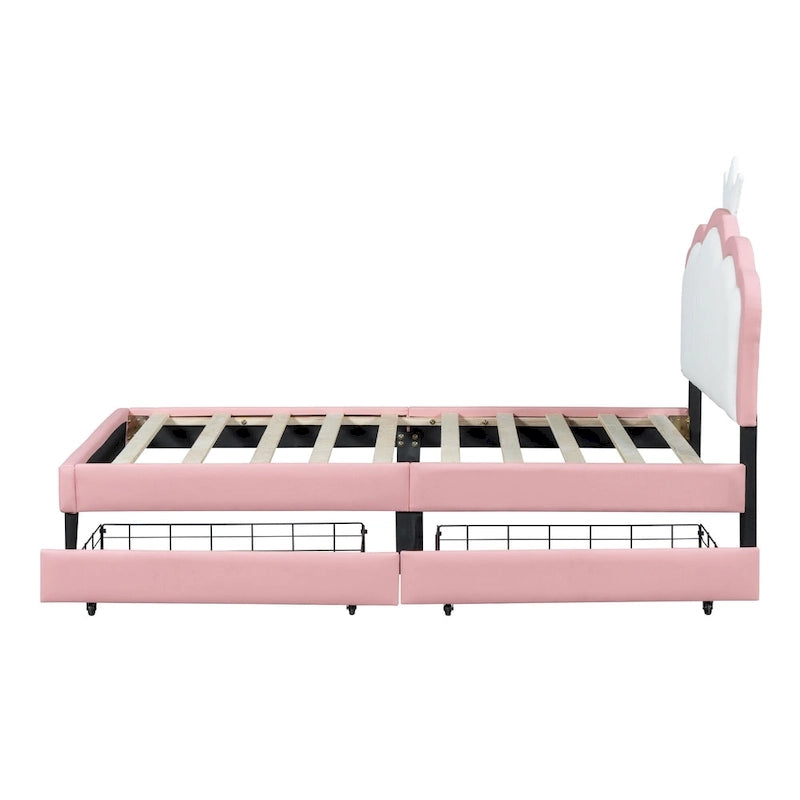 Lit plateforme rembourré en PU rose/blanc avec tête de lit capitonnée et 2 tiroirs de rangement – Lit simple / Lit double – 1 personne