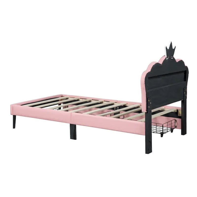 Lit plateforme rembourré en PU rose/blanc avec tête de lit capitonnée et 2 tiroirs de rangement – Lit simple / Lit double – 1 personne