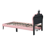 Lit plateforme rembourré en PU rose/blanc avec tête de lit capitonnée et 2 tiroirs de rangement – Lit simple / Lit double – 1 personne