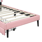 Lit plateforme rembourré en PU rose/blanc avec tête de lit capitonnée et 2 tiroirs de rangement – Lit simple / Lit double – 1 personne
