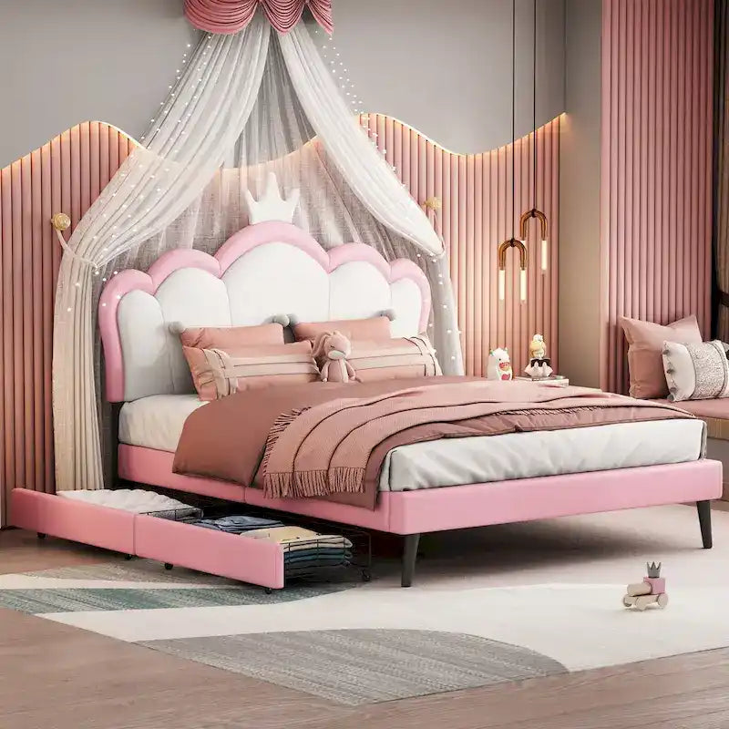 Lit plateforme rembourré en PU rose/blanc avec tête de lit capitonnée et 2 tiroirs de rangement – Lit simple / Lit double – 1 personne