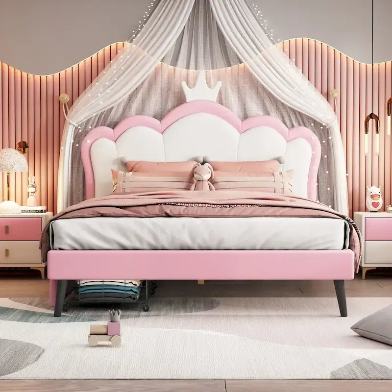 Lit plateforme rembourré en PU rose/blanc avec tête de lit capitonnée et 2 tiroirs de rangement – Lit simple / Lit double – 1 personne