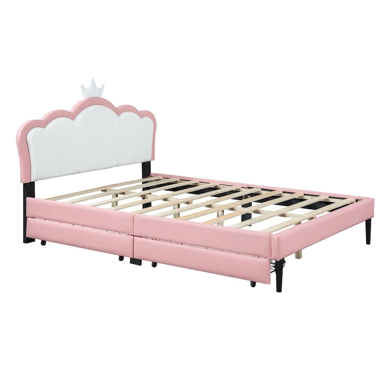 Lit plateforme rembourré en PU rose/blanc avec tête de lit capitonnée et 2 tiroirs de rangement – Lit simple / Lit double – 1 personne