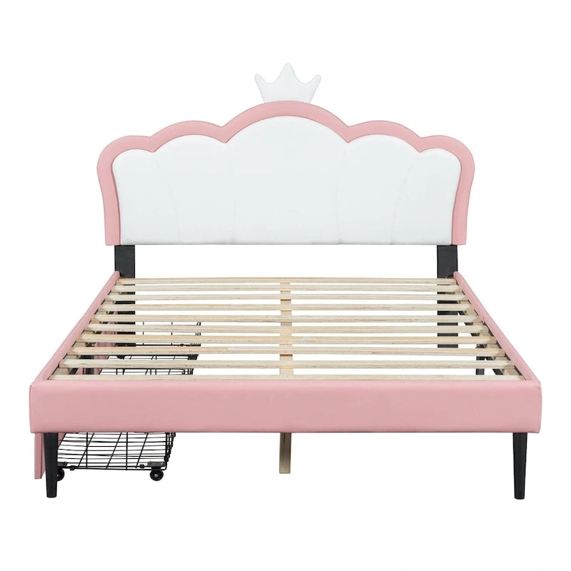 Lit plateforme rembourré en PU rose/blanc avec tête de lit capitonnée et 2 tiroirs de rangement – Lit simple / Lit double – 1 personne