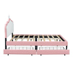 Lit plateforme rembourré en PU rose/blanc avec tête de lit capitonnée et 2 tiroirs de rangement – Lit simple / Lit double – 1 personne