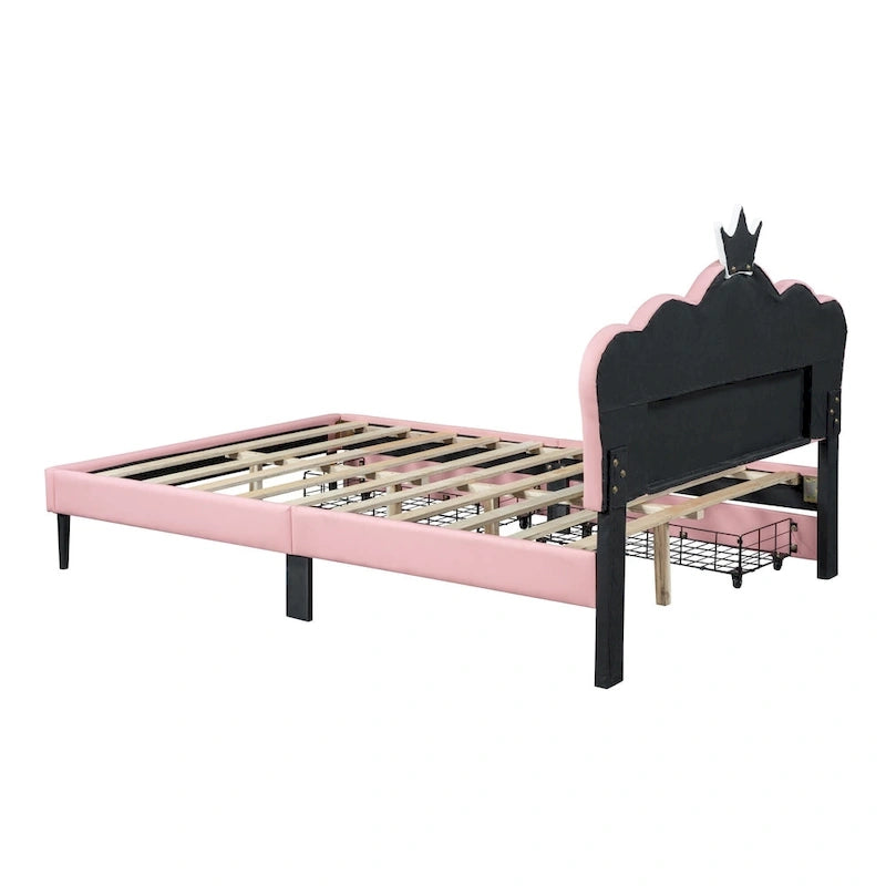 Lit plateforme rembourré en PU rose/blanc avec tête de lit capitonnée et 2 tiroirs de rangement – Lit simple / Lit double – 1 personne
