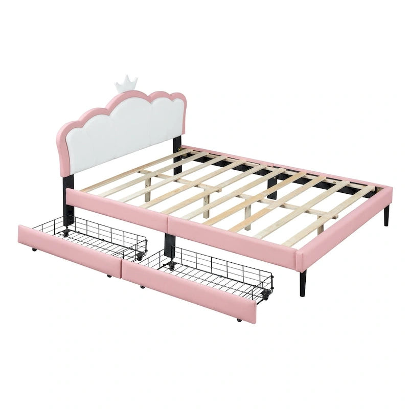 Lit plateforme rembourré en PU rose/blanc avec tête de lit capitonnée et 2 tiroirs de rangement – Lit simple / Lit double – 1 personne