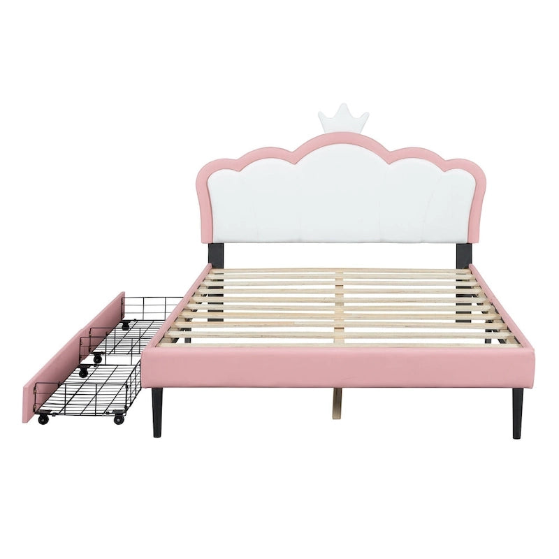 Lit plateforme rembourré en PU rose/blanc avec tête de lit capitonnée et 2 tiroirs de rangement – Lit simple / Lit double – 1 personne