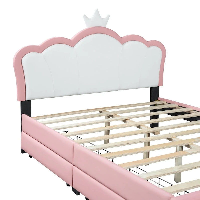 Lit plateforme rembourré en PU rose/blanc avec tête de lit capitonnée et 2 tiroirs de rangement – Lit simple / Lit double – 1 personne