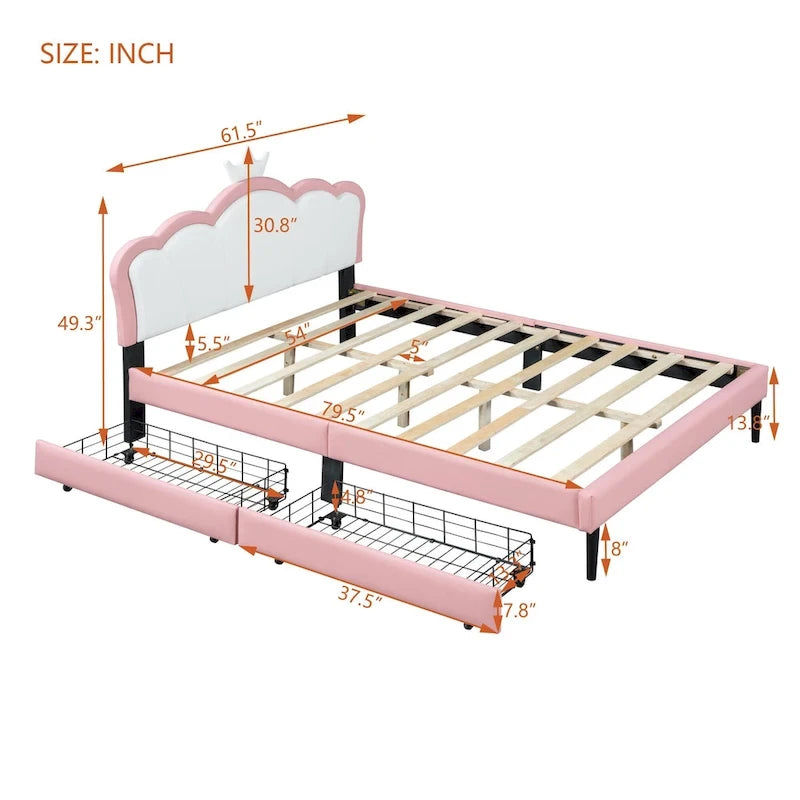 Lit plateforme rembourré en PU rose/blanc avec tête de lit capitonnée et 2 tiroirs de rangement – Lit simple / Lit double – 1 personne