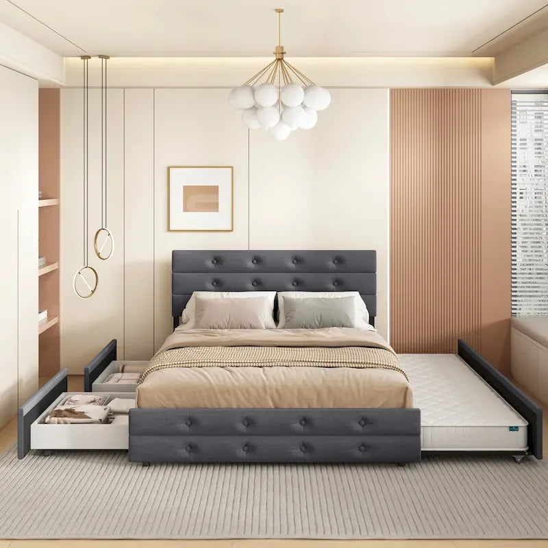 Lit plateforme Queen en lin gris avec capitonnage, 2 tiroirs de rangement et lit gigogne – 2 personnes