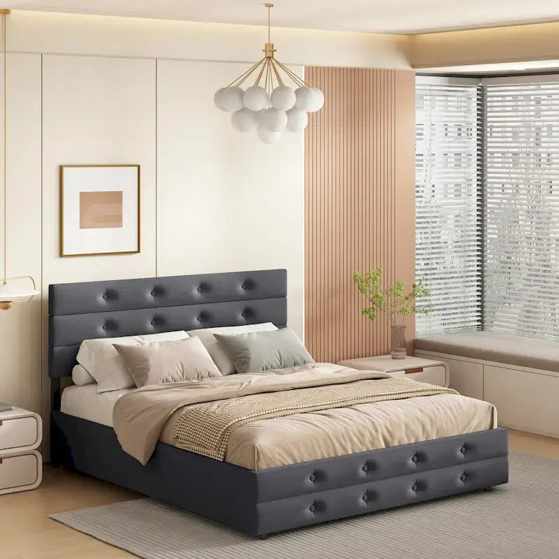 Lit plateforme Queen en lin gris avec capitonnage, 2 tiroirs de rangement et lit gigogne – 2 personnes