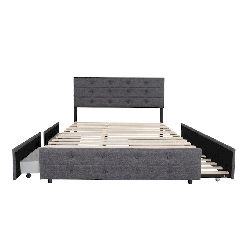 Lit plateforme Queen en lin gris avec capitonnage, 2 tiroirs de rangement et lit gigogne – 2 personnes
