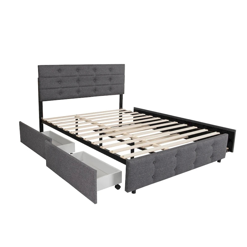 Lit plateforme Queen en lin gris avec capitonnage, 2 tiroirs de rangement et lit gigogne – 2 personnes