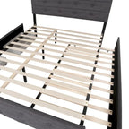 Lit plateforme Queen en lin gris avec capitonnage, 2 tiroirs de rangement et lit gigogne – 2 personnes