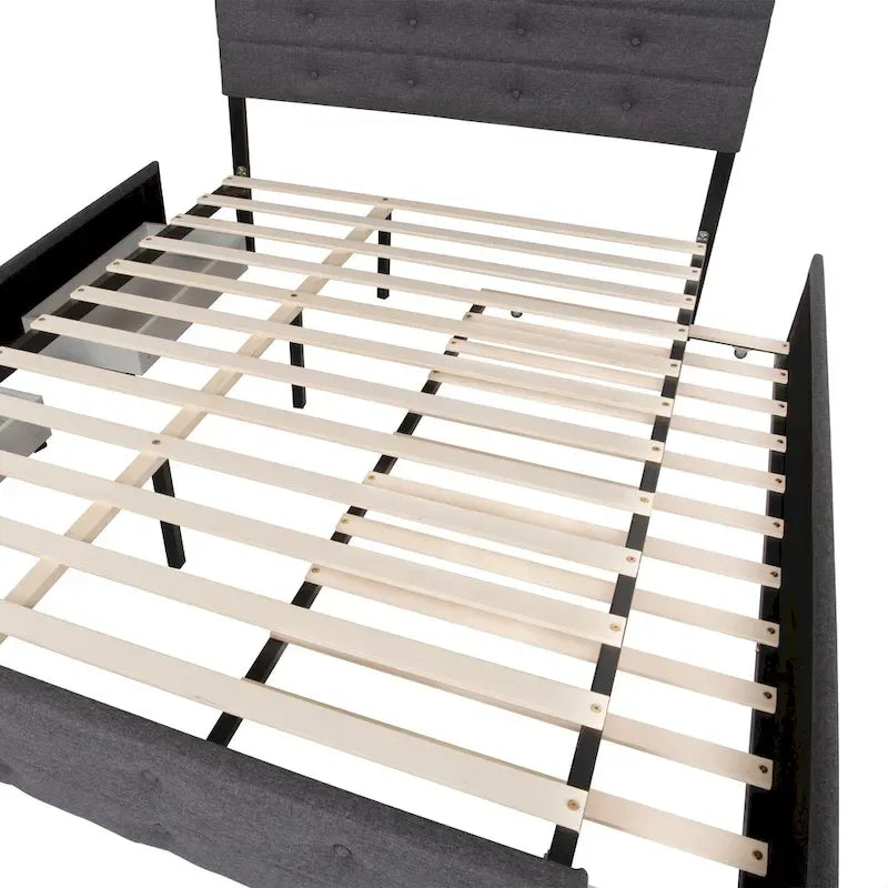 Lit plateforme Queen en lin gris avec capitonnage, 2 tiroirs de rangement et lit gigogne – 2 personnes