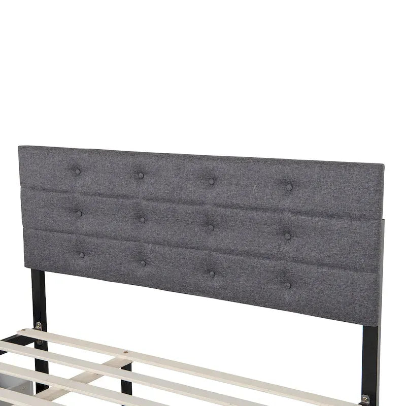 Lit plateforme Queen en lin gris avec capitonnage, 2 tiroirs de rangement et lit gigogne – 2 personnes