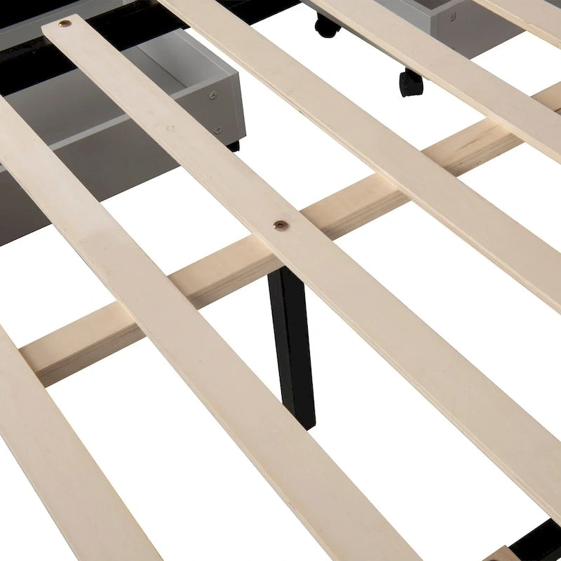Lit plateforme Queen en lin gris avec capitonnage, 2 tiroirs de rangement et lit gigogne – 2 personnes