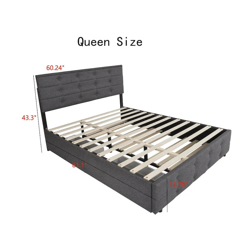 Lit plateforme Queen en lin gris avec capitonnage, 2 tiroirs de rangement et lit gigogne – 2 personnes