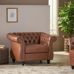 Fauteuil club Chesterfield en similicuir marron clair avec capitonnage et clous décoratifs – 1 personne