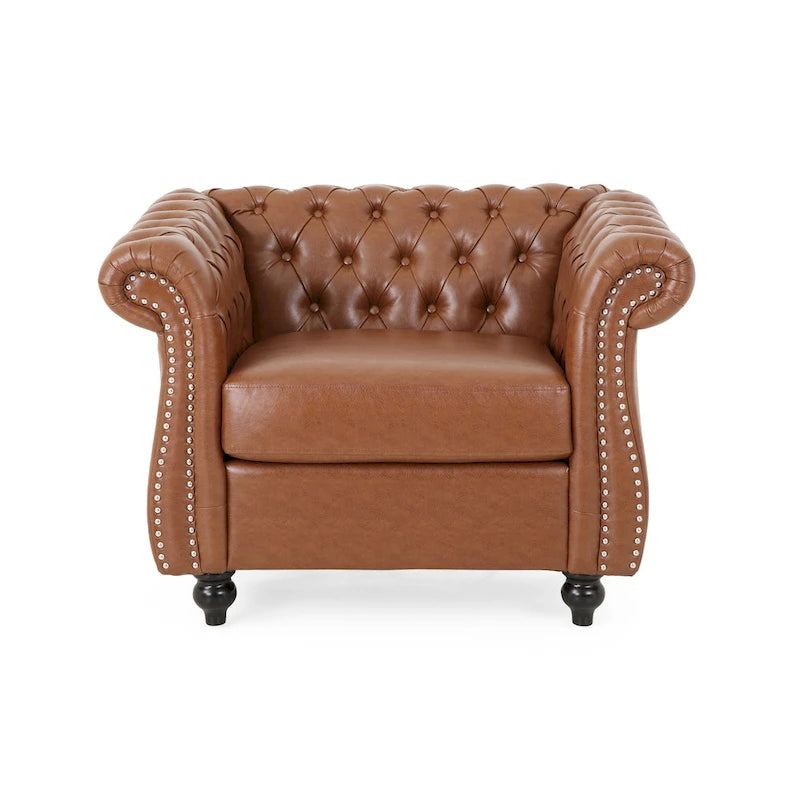 Fauteuil club Chesterfield en similicuir marron clair avec capitonnage et clous décoratifs – 1 personne