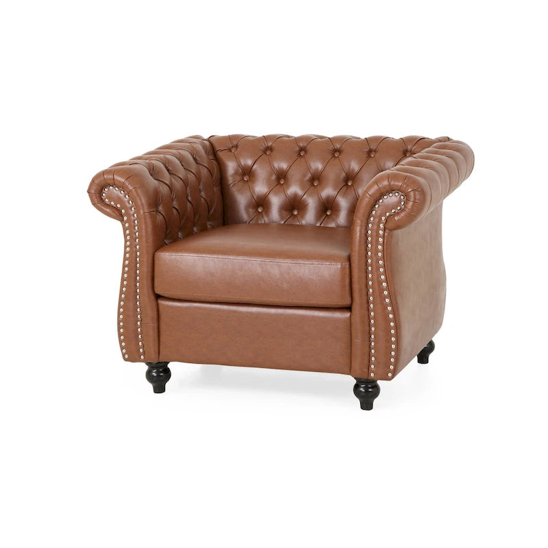 Fauteuil club Chesterfield en similicuir marron clair avec capitonnage et clous décoratifs – 1 personne