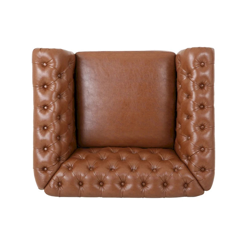 Fauteuil club Chesterfield en similicuir marron clair avec capitonnage et clous décoratifs – 1 personne