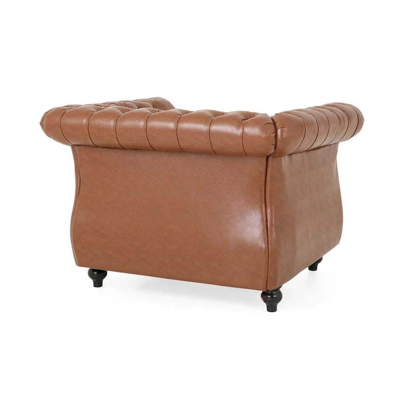 Fauteuil club Chesterfield en similicuir marron clair avec capitonnage et clous décoratifs – 1 personne