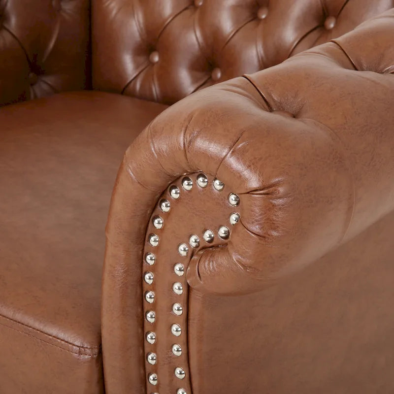 Fauteuil club Chesterfield en similicuir marron clair avec capitonnage et clous décoratifs – 1 personne