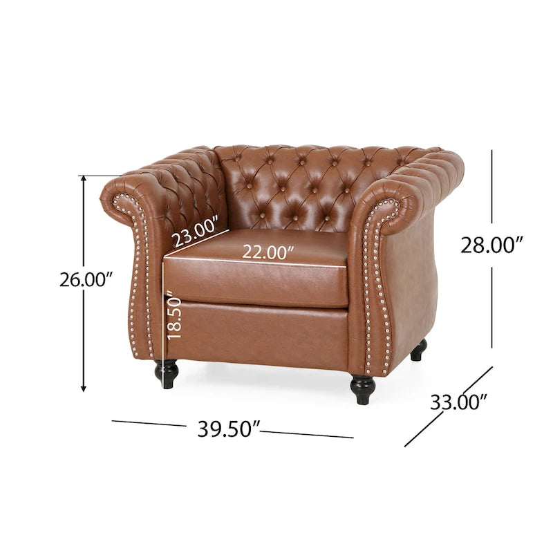 Fauteuil club Chesterfield en similicuir marron clair avec capitonnage et clous décoratifs – 1 personne