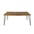 Table de salle à manger rectangulaire en bois d'acacia finition teck avec plateau à lattes à bord brut et pieds épingles en fer – 6 places