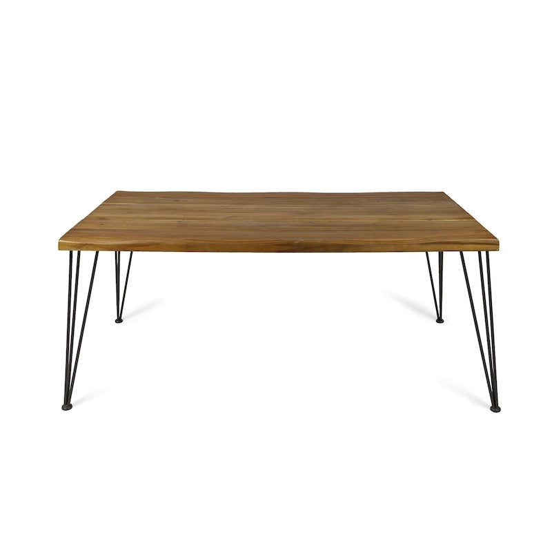 Table de salle à manger rectangulaire en bois d'acacia finition teck avec plateau à lattes à bord brut et pieds épingles en fer – 6 places