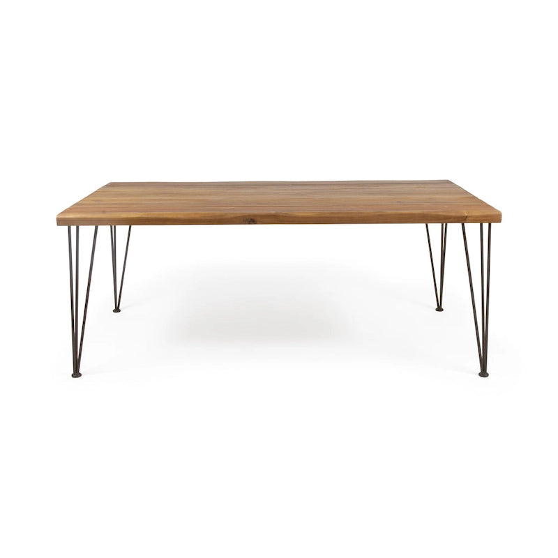 Table de salle à manger rectangulaire en bois d'acacia finition teck avec plateau à lattes à bord brut et pieds épingles en fer – 6 places