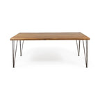 Table de salle à manger rectangulaire en bois d'acacia finition teck avec plateau à lattes à bord brut et pieds épingles en fer – 6 places