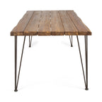 Table de salle à manger rectangulaire en bois d'acacia finition teck avec plateau à lattes à bord brut et pieds épingles en fer – 6 places