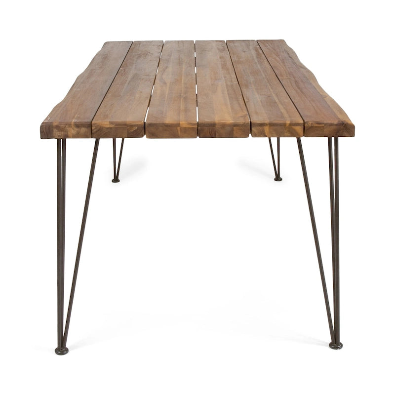 Table de salle à manger rectangulaire en bois d'acacia finition teck avec plateau à lattes à bord brut et pieds épingles en fer – 6 places