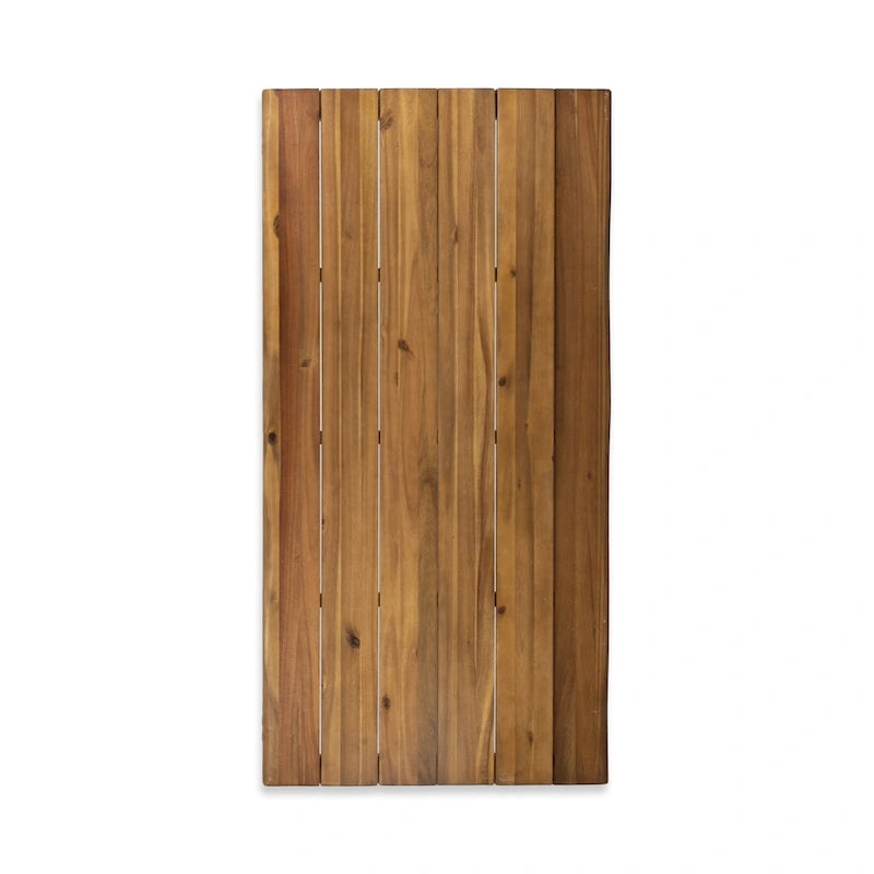 Table de salle à manger rectangulaire en bois d'acacia finition teck avec plateau à lattes à bord brut et pieds épingles en fer – 6 places