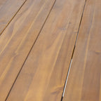 Table de salle à manger rectangulaire en bois d'acacia finition teck avec plateau à lattes à bord brut et pieds épingles en fer – 6 places