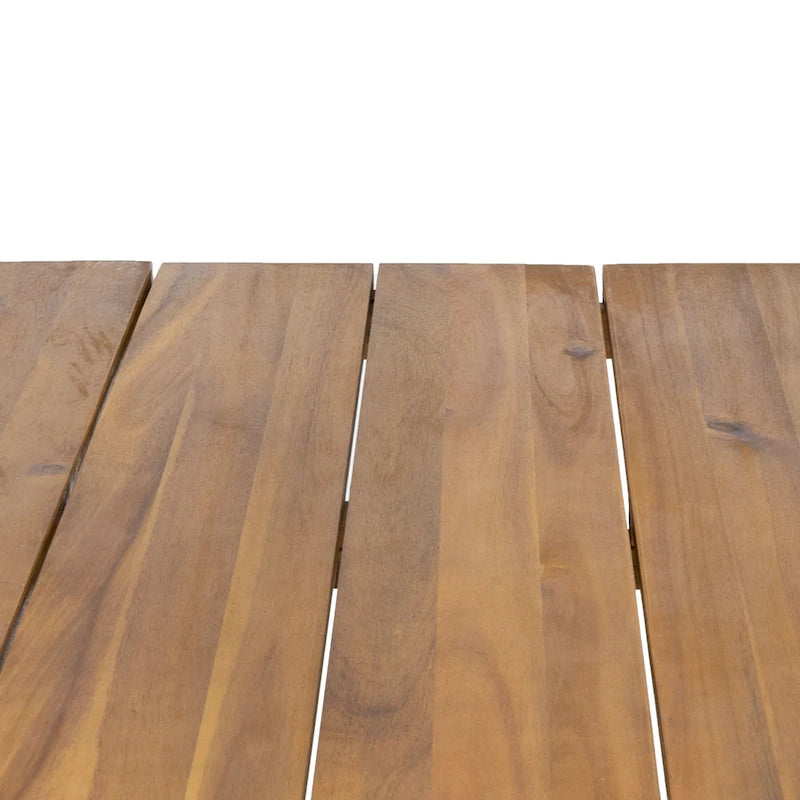 Table de salle à manger rectangulaire en bois d'acacia finition teck avec plateau à lattes à bord brut et pieds épingles en fer – 6 places