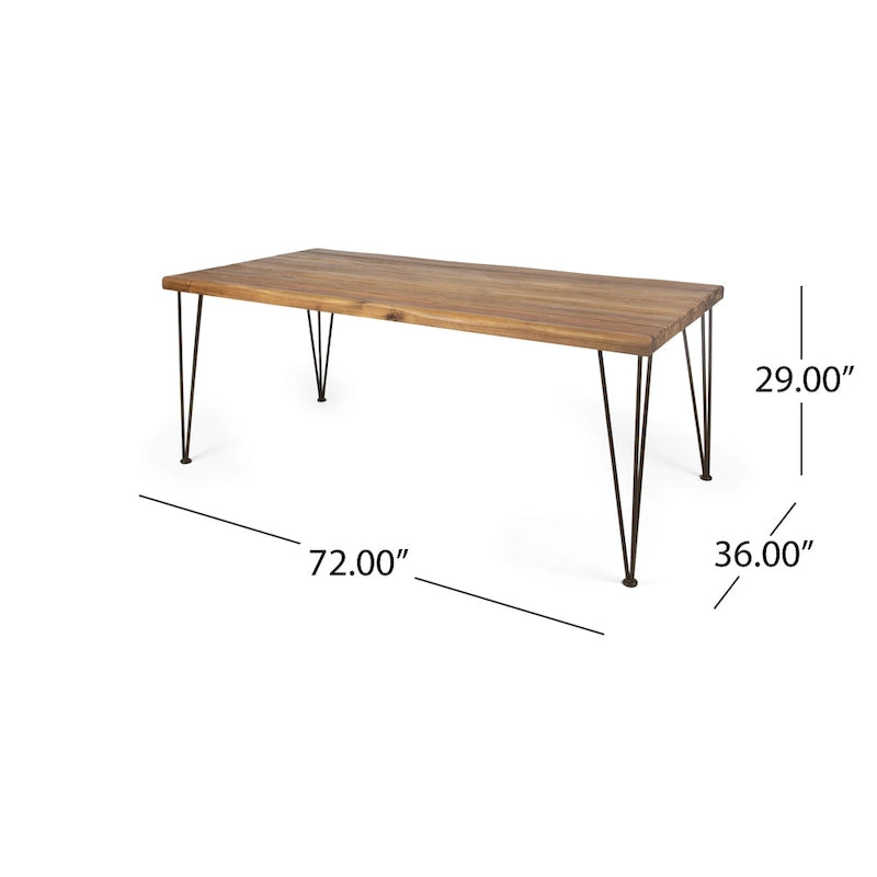 Table de salle à manger rectangulaire en bois d'acacia finition teck avec plateau à lattes à bord brut et pieds épingles en fer – 6 places