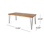 Table de salle à manger rectangulaire en bois d'acacia finition teck avec plateau à lattes à bord brut et pieds épingles en fer – 6 places
