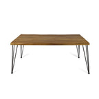 Table de salle à manger rectangulaire en bois d'acacia finition teck avec plateau à lattes à bord brut et pieds épingles en fer – 6 places