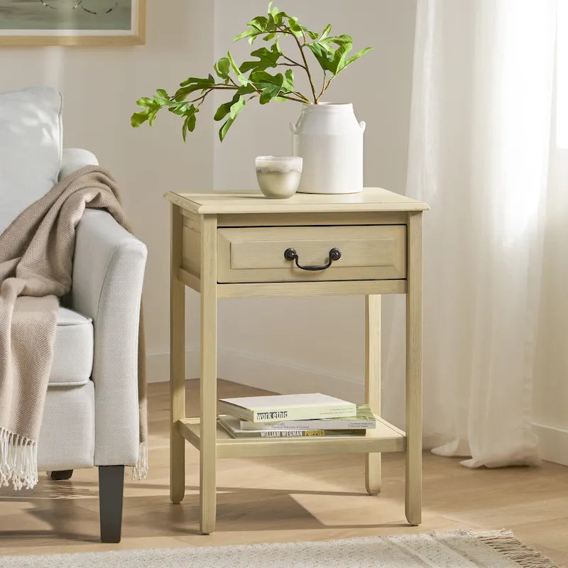 Table d'appoint en bois d'acacia Espresso/blanc antique/acajou avec 1 tiroir et étagère inférieure ouverte