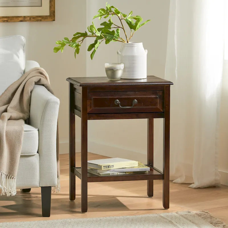 Table d'appoint en bois d'acacia Espresso/blanc antique/acajou avec 1 tiroir et étagère inférieure ouverte